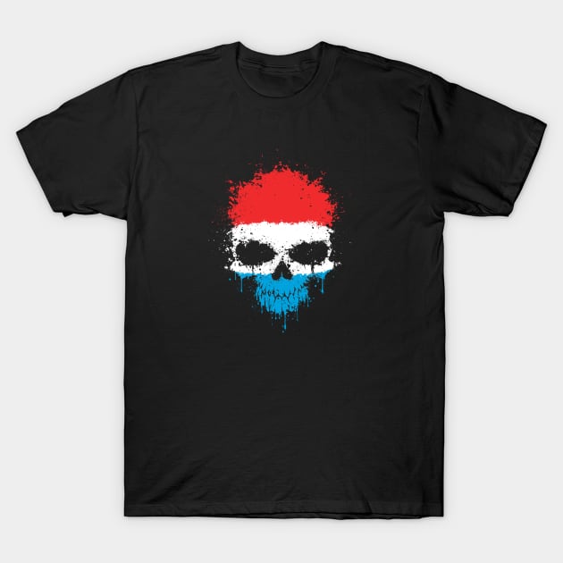 Chaotic Luxembourg Flag Splatter Skull T-Shirt by jeffbartels